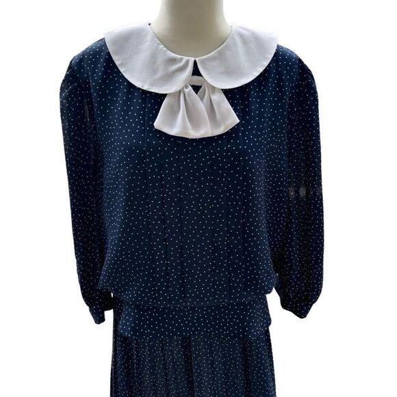 2 Pieces Vintage Mono New York Navy White Polka Dot Peter Pan Top Pleated Shirt - Picture 6 of 8